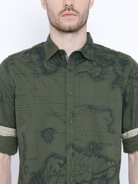 Olive Green Printed Casual Shirt